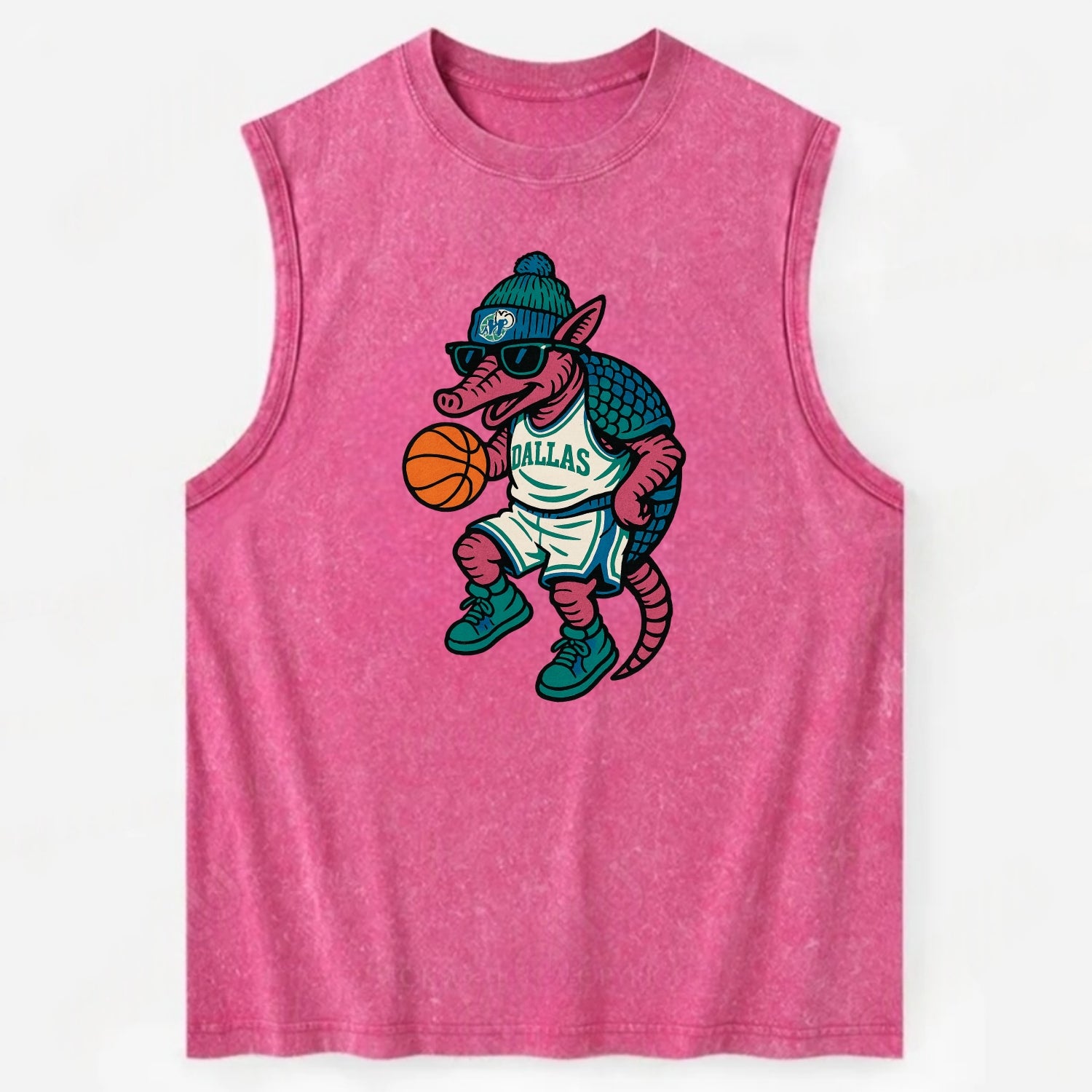 Dallas Armadillo wearing Mavericks beanie with cowboy hat patch and wayfarer - Vintage Washed Tank - Pink