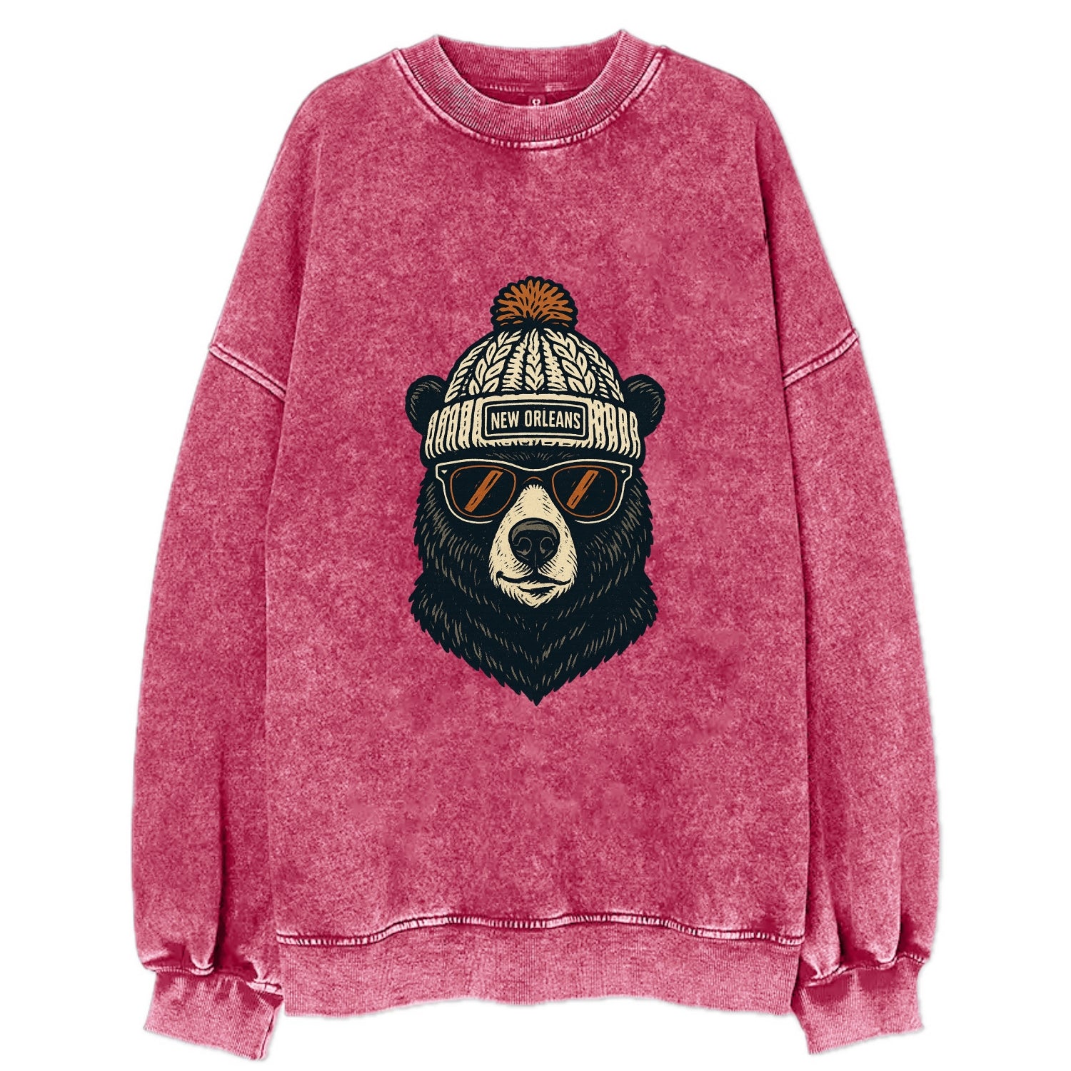 Louisiana Black Bear wearing New Orleans beanie with pom pom and wayfarer - Vintage Sweatshirt - Pink