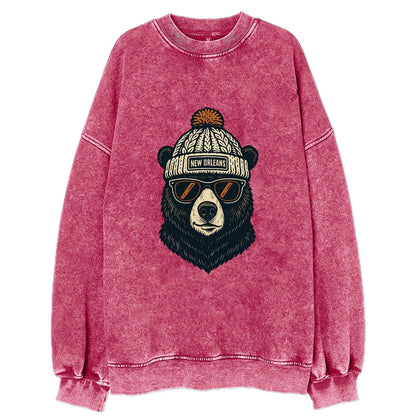 Louisiana Black Bear wearing New Orleans beanie with pom pom and wayfarer - Vintage Sweatshirt - Pink