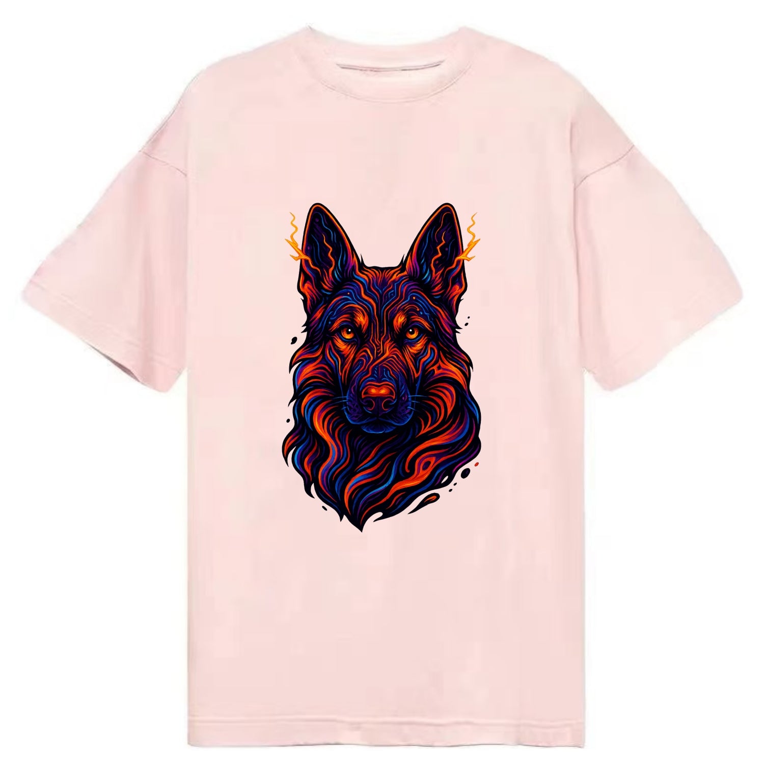 Alert German Shepherd with cyber circuit patterns in the fur, neon orange and - Classic T-shirt - Pink