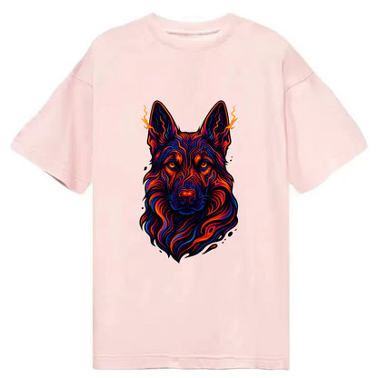 Alert German Shepherd with cyber circuit patterns in the fur, neon orange and - Classic T-shirt - Pink