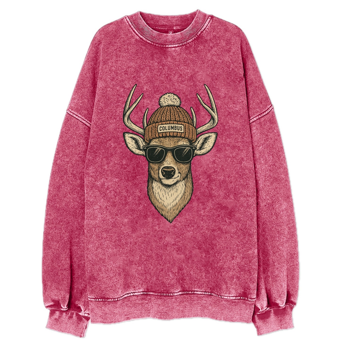 Ohio White-tailed Deer wearing Columbus beanie with pom pom and wayfarer - Vintage Sweatshirt - Pink