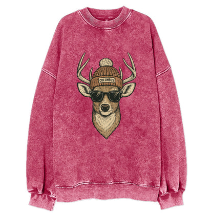 Ohio White-tailed Deer wearing Columbus beanie with pom pom and wayfarer - Vintage Sweatshirt - Pink