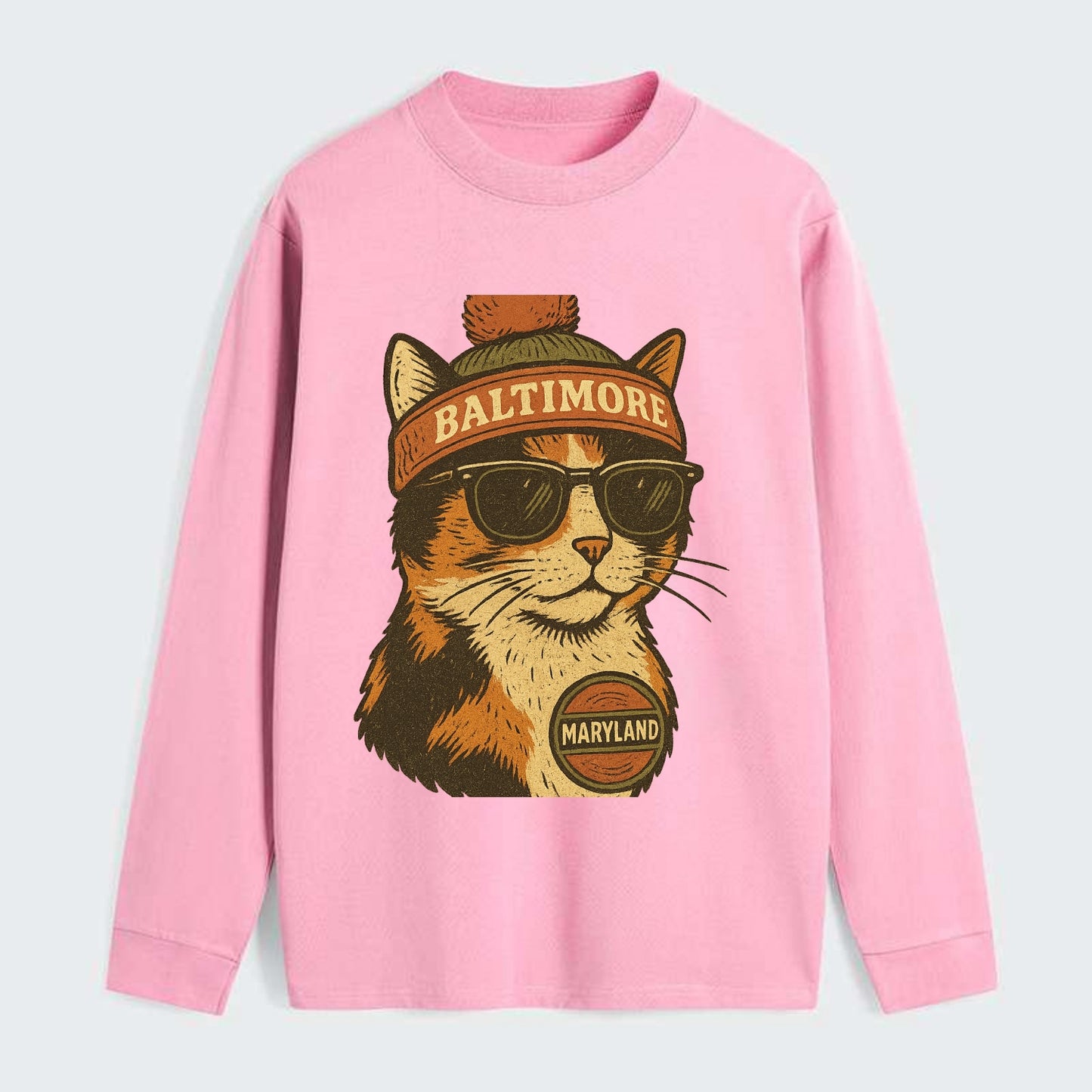 Maryland Calico Cat wearing Baltimore beanie with pom pom and wayfarer - Classic Long Sleeve Shirt - Pink