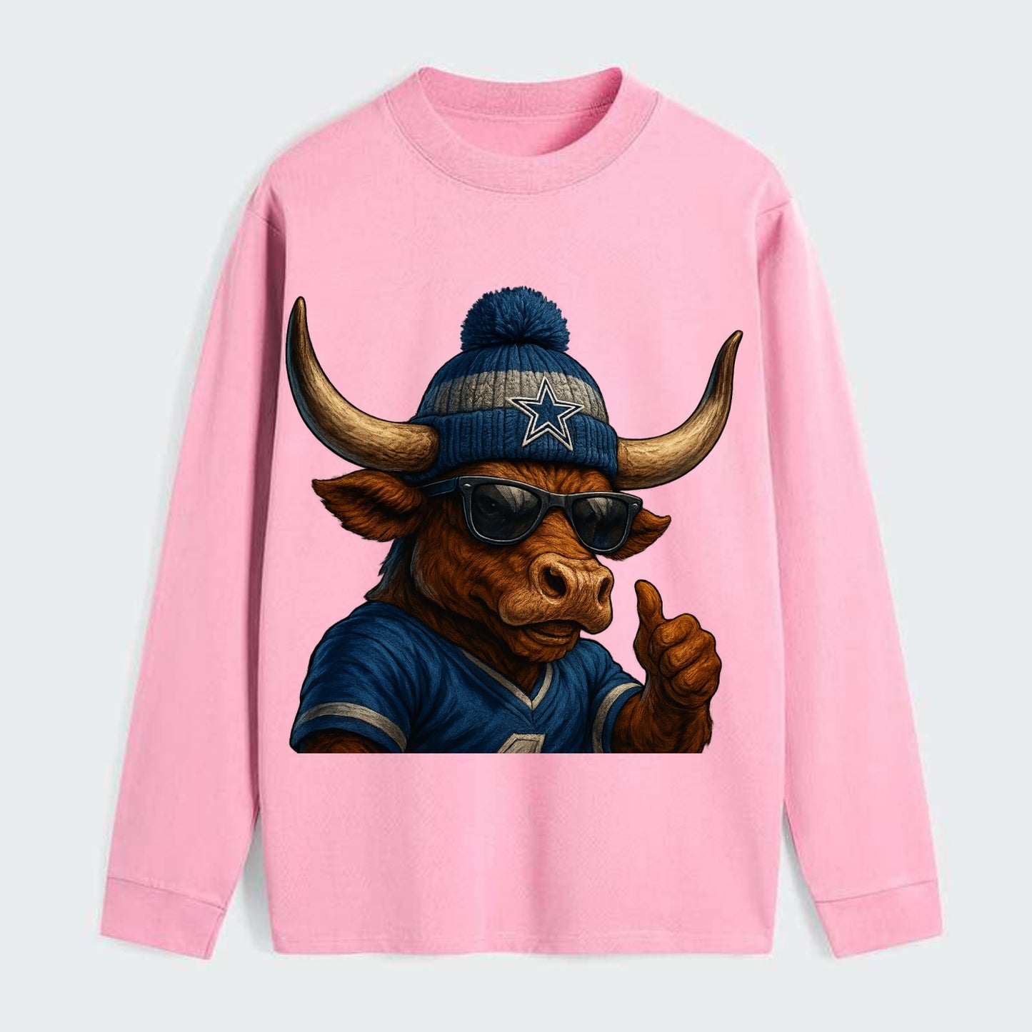 Texas Longhorn wearing Cowboys silver and blue beanie with star and - Classic Long Sleeve Shirt - Pink