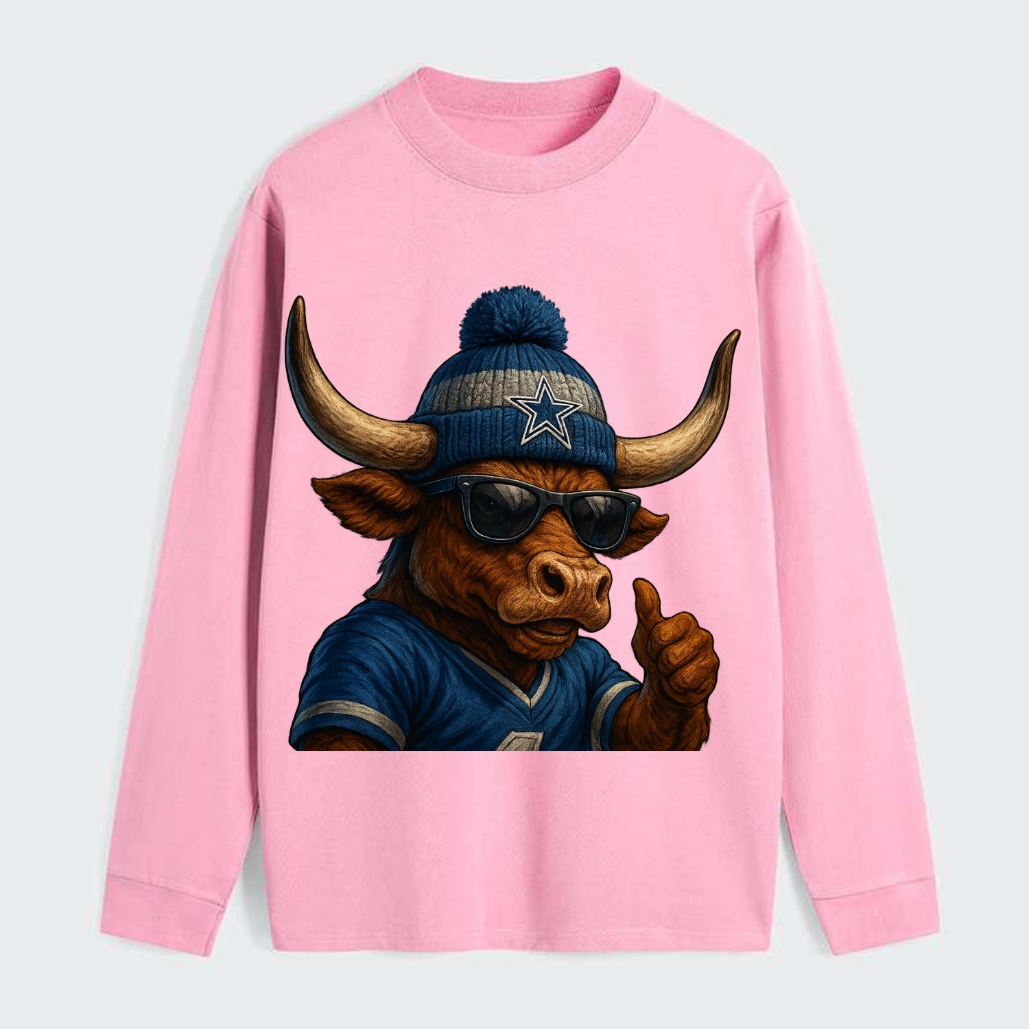 Texas Longhorn wearing Cowboys silver and blue beanie with star and - Classic Long Sleeve Shirt - Pink