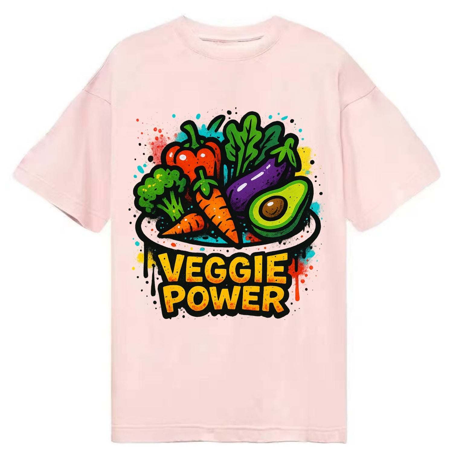 Colorful vegetables and plants on plate - plant-based lifestyle, veggie power - Classic T-shirt - Pink