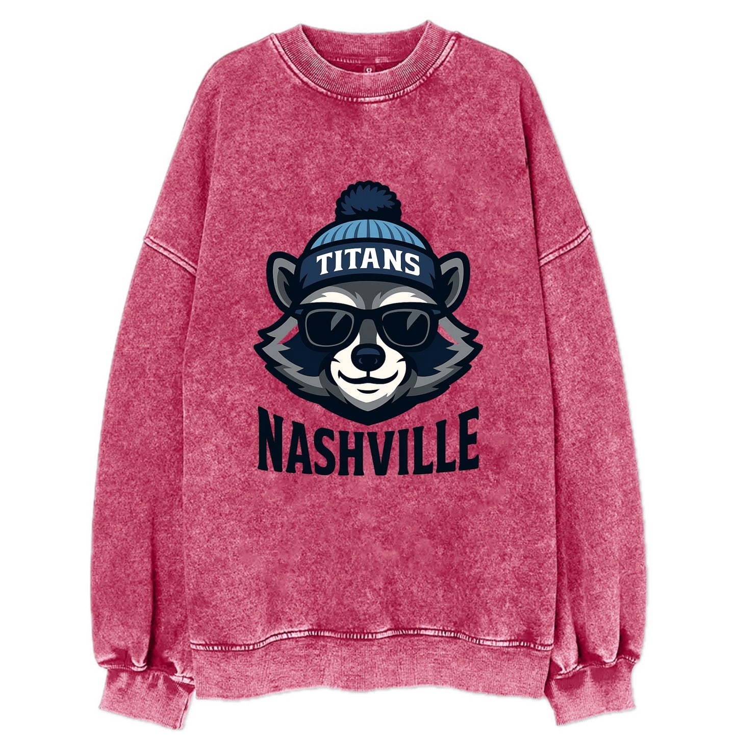 Nashville Raccoon wearing Titans navy and light blue beanie with pom pom and - Vintage Sweatshirt - Pink
