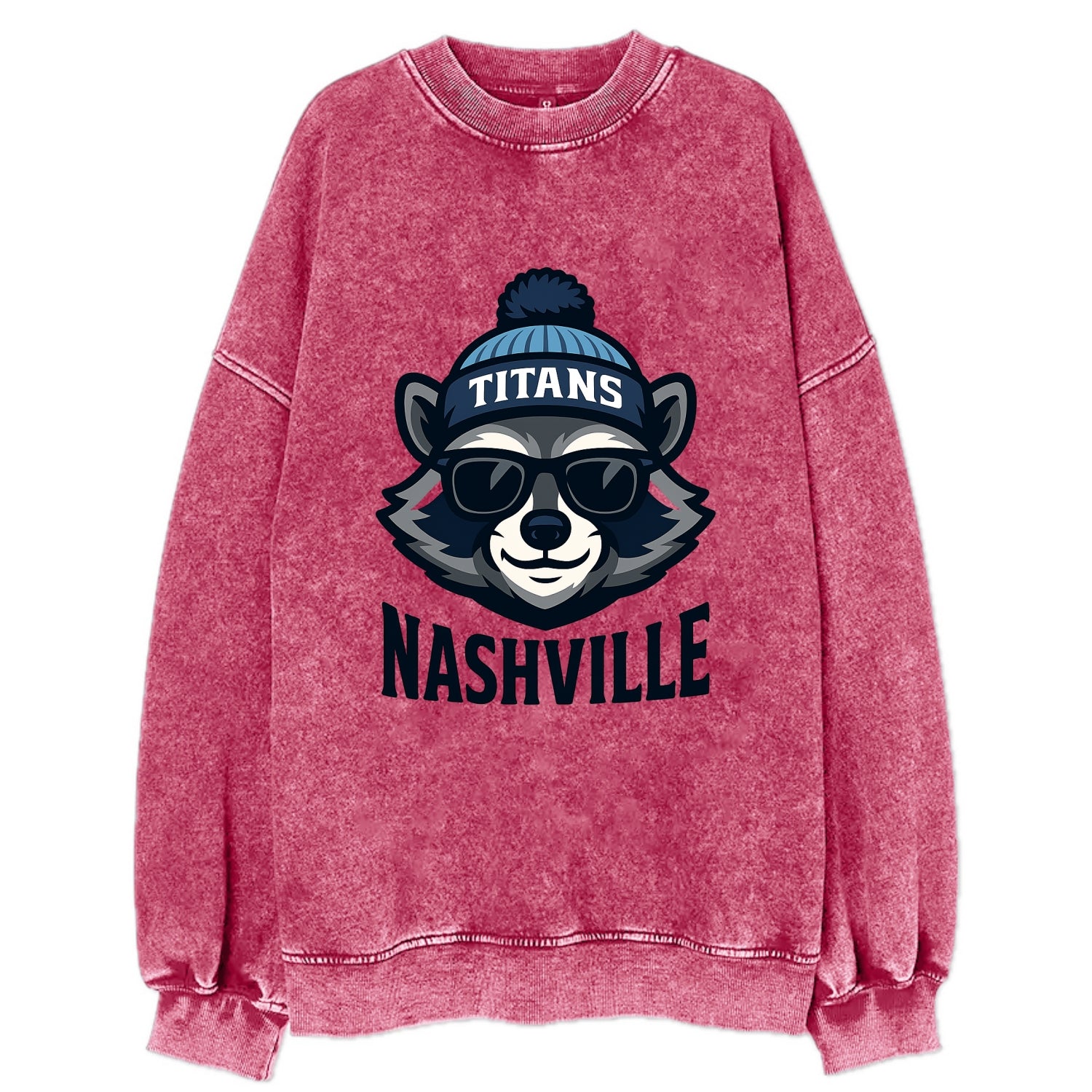Nashville Raccoon wearing Titans navy and light blue beanie with pom pom and - Vintage Sweatshirt - Pink