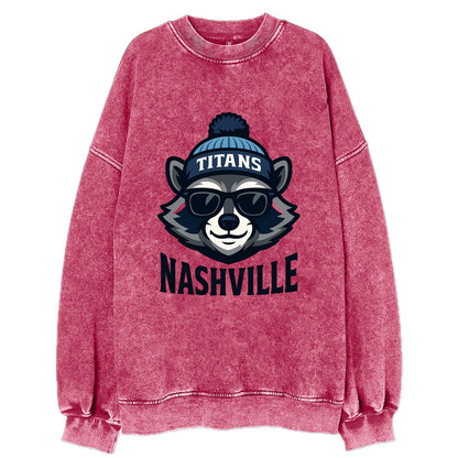 Nashville Raccoon wearing Titans navy and light blue beanie with pom pom and - Vintage Sweatshirt - Pink