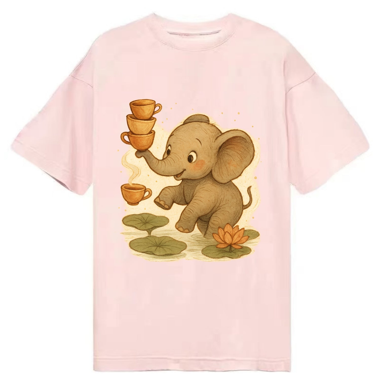 Elephant balancing teacups during a floating tea ceremony beside lotus ponds - Classic T-shirt - Pink