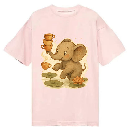 Elephant balancing teacups during a floating tea ceremony beside lotus ponds - Classic T-shirt - Pink