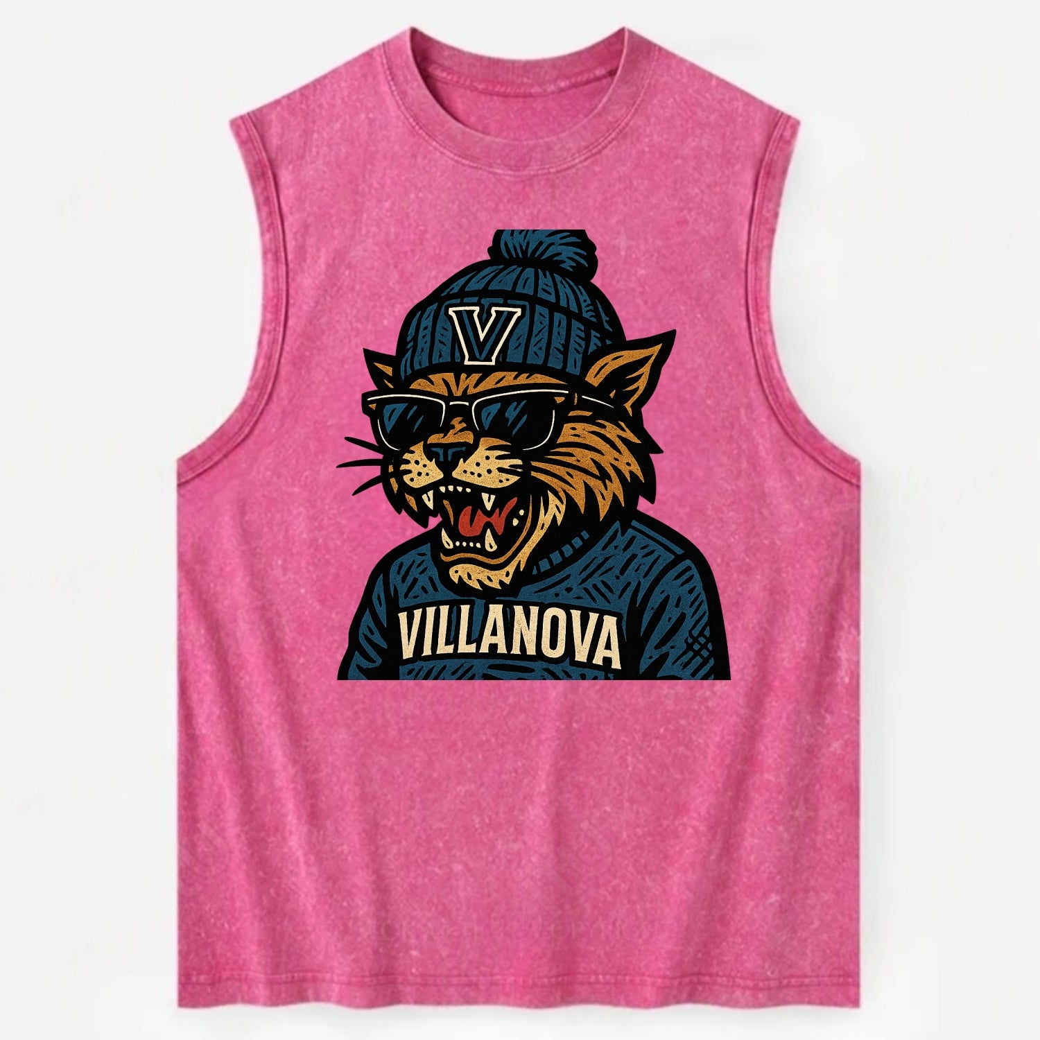 Villanova Wildcat wearing Villanova beanie with V patch - Vintage Washed Tank - Pink
