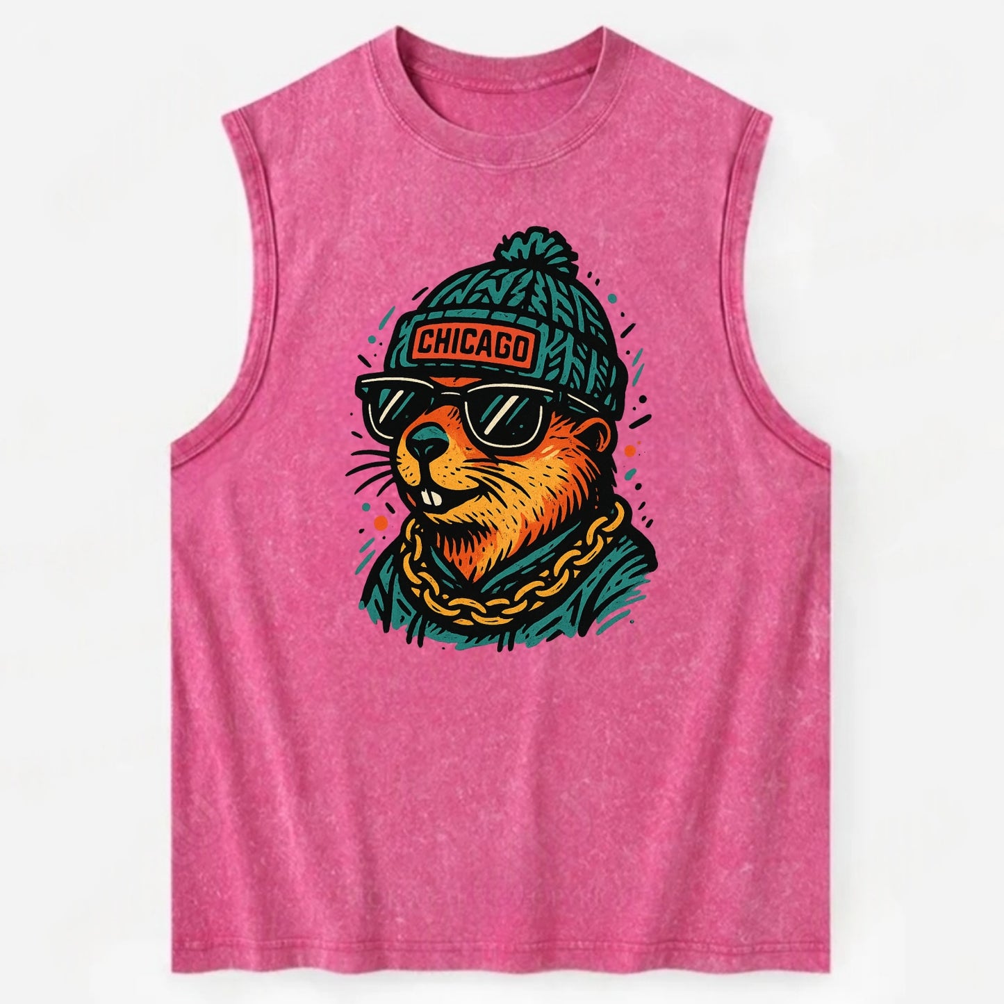 Illinois Prairie Dog wearing Chicago beanie with pom pom and wayfarer - Vintage Washed Tank - Pink