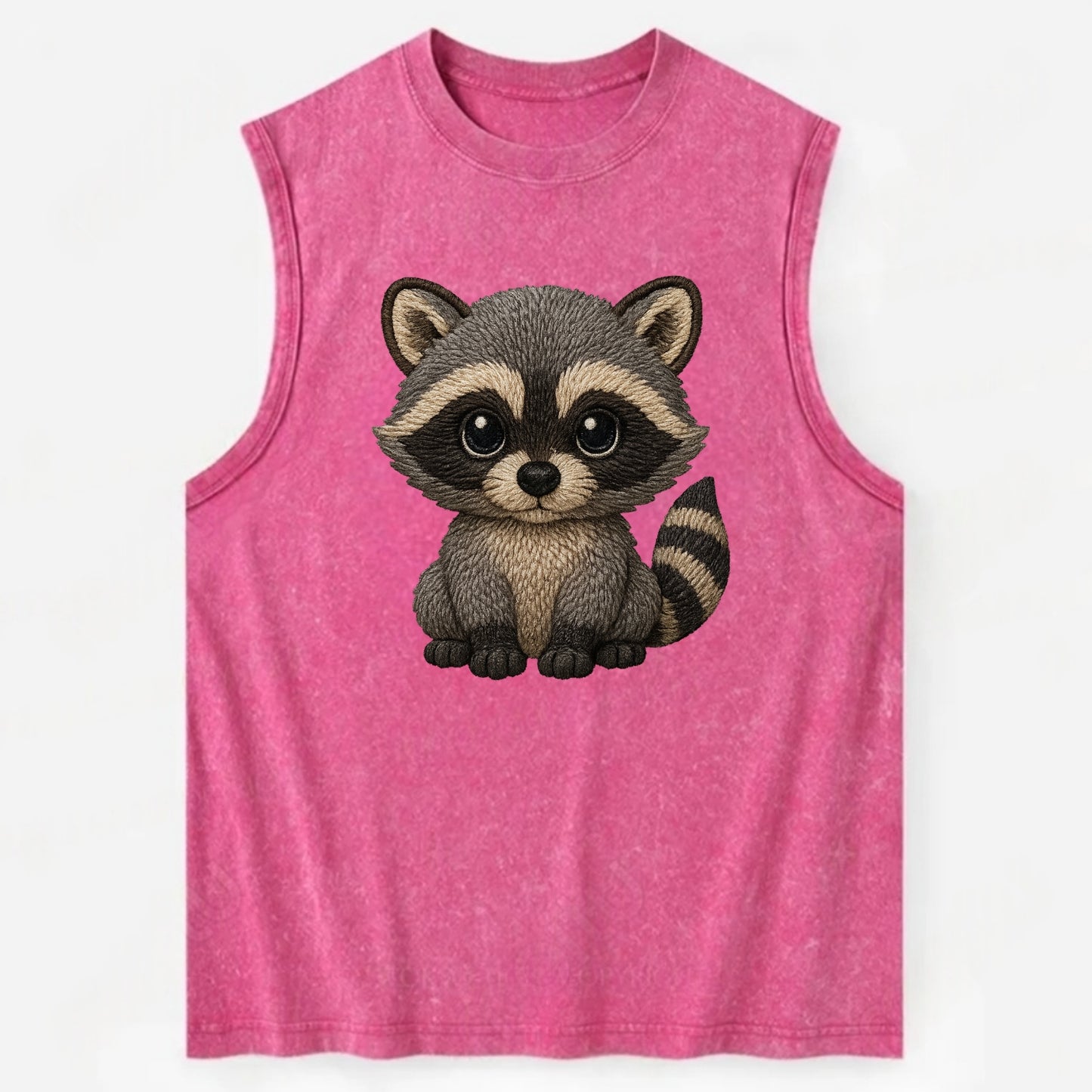 Baby Raccoon - gray fur, black mask, ringed tail, bright curious eyes, - Vintage Washed Tank - Pink