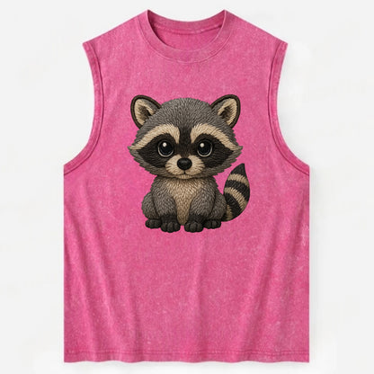 Baby Raccoon - gray fur, black mask, ringed tail, bright curious eyes, - Vintage Washed Tank - Pink