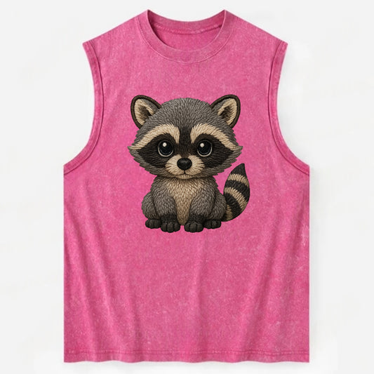 Baby Raccoon - gray fur, black mask, ringed tail, bright curious eyes, - Vintage Washed Tank - Pink