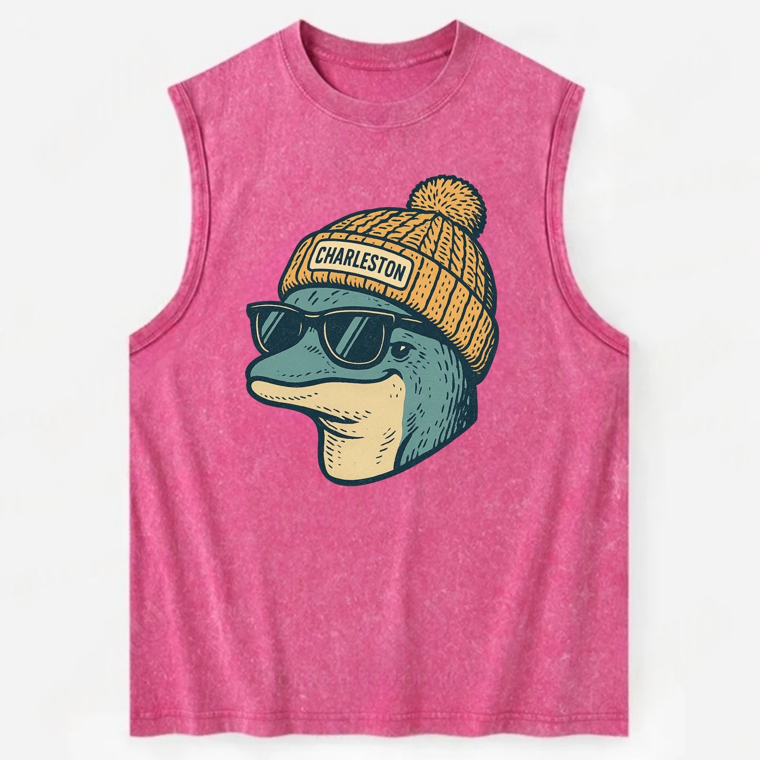Charleston Dolphin wearing Charleston beanie with pom pom and wayfarer - Vintage Washed Tank - Pink