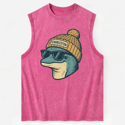 Charleston Dolphin wearing Charleston beanie with pom pom and wayfarer - Vintage Washed Tank - Pink