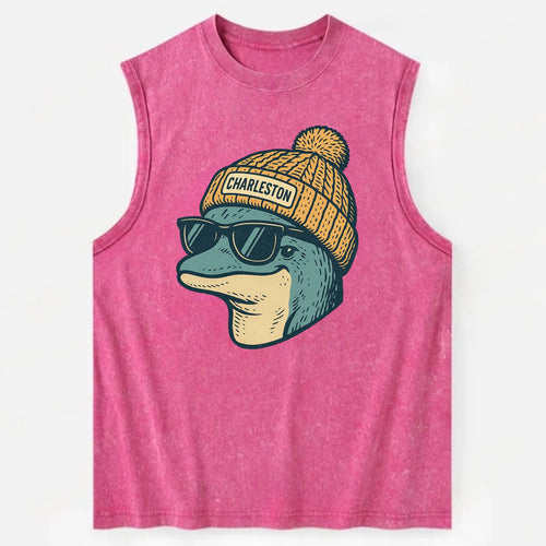Charleston Dolphin wearing Charleston beanie with pom pom and wayfarer - Vintage Washed Tank