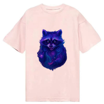 Playful raccoon with mask swirling in hypnotic patterns, neon purple and green - Classic T-shirt - Pink