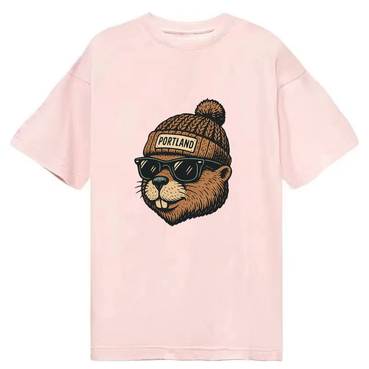 Portland Beaver wearing Portland beanie with pom pom and wayfarer sunglasses - Classic T-shirt - Pink