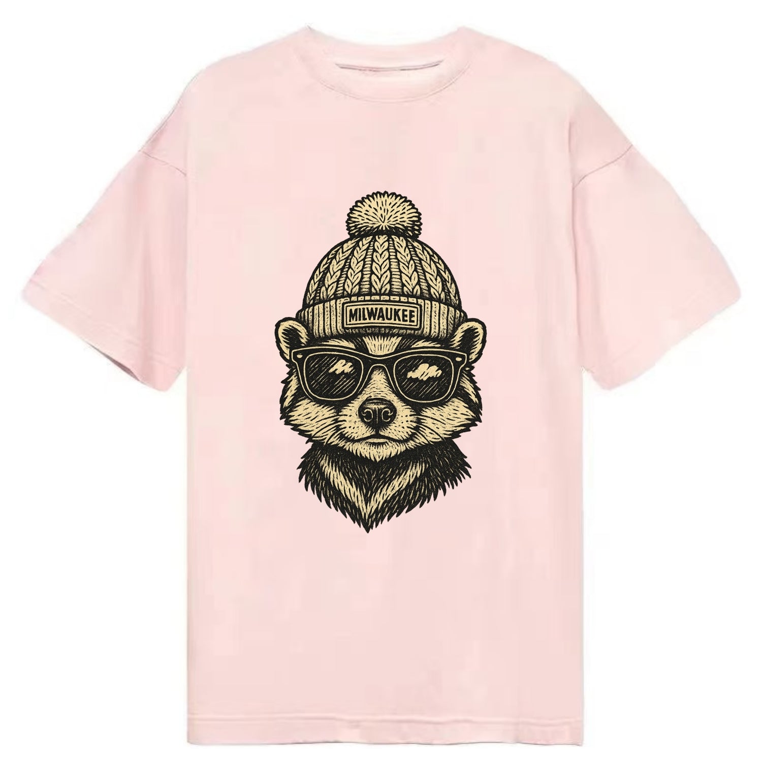 Wisconsin Badger wearing Milwaukee beanie with pom pom and wayfarer sunglasses - Classic T-shirt - Pink