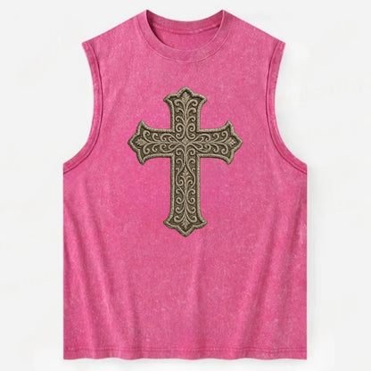 Filigree Cross  - Vintage Washed Tank - Pink