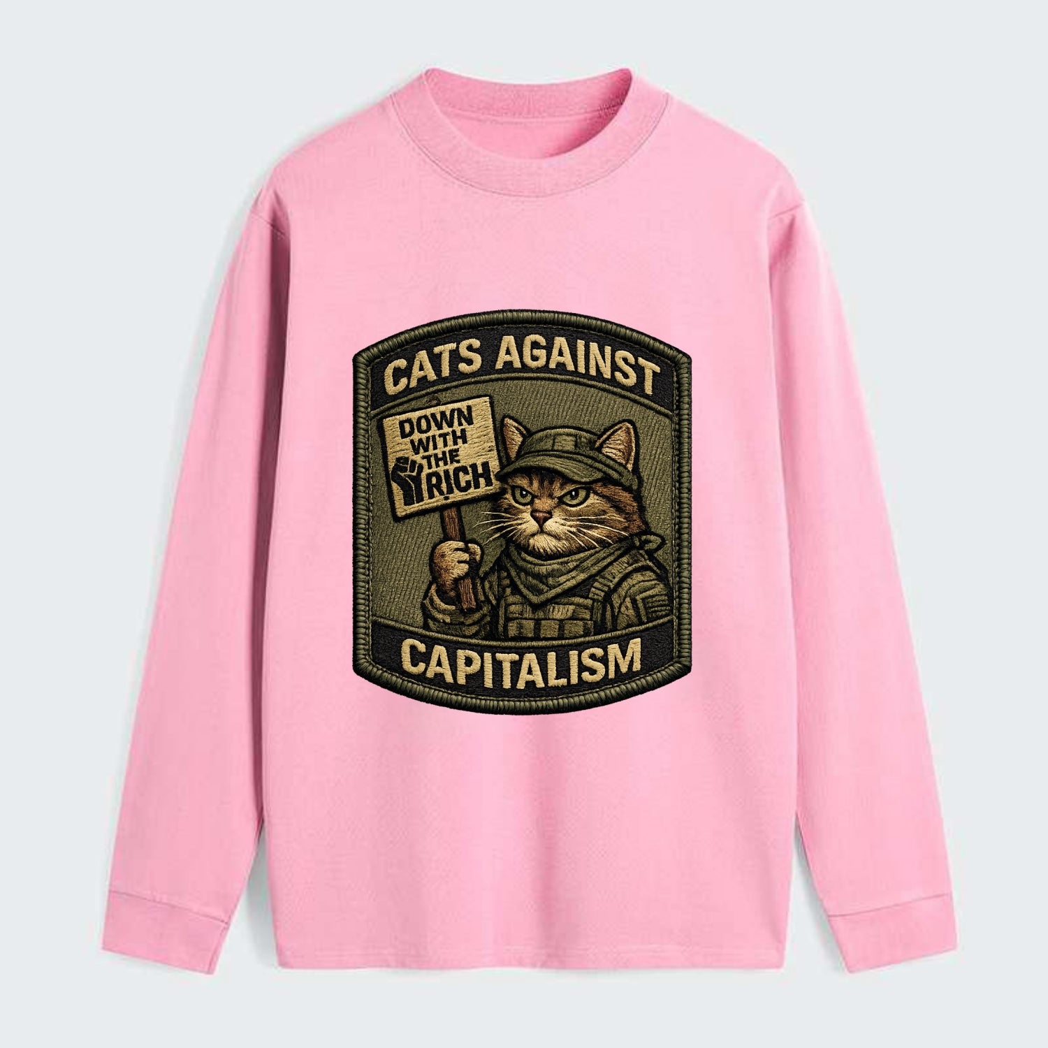 CATS AGAINST CAPITALISM - cat with protest sign in red , political cat - Classic Long Sleeve Shirt - Pink