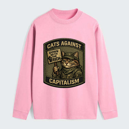 CATS AGAINST CAPITALISM - cat with protest sign in red , political cat - Classic Long Sleeve Shirt - Pink
