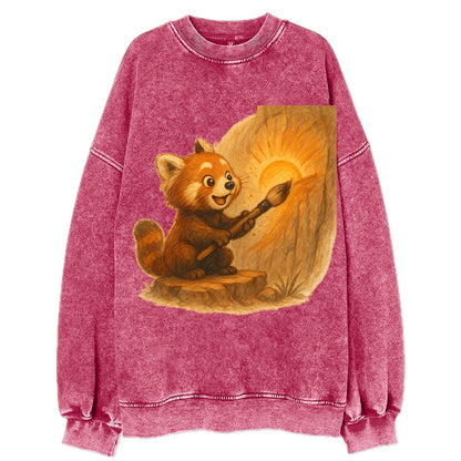 Red panda painting a sunrise mural with an oversized calligraphy brush on a - Vintage Sweatshirt - Pink