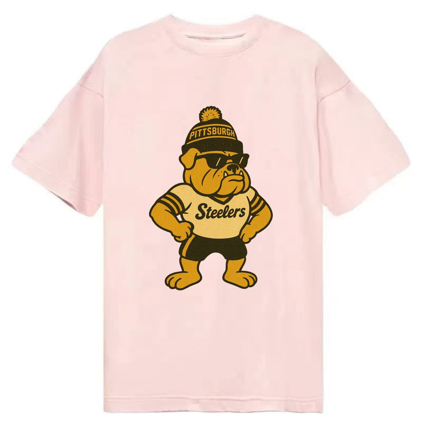 Pittsburgh Bulldog wearing Steelers black and gold beanie with pom pom and - Classic T-shirt - Pink