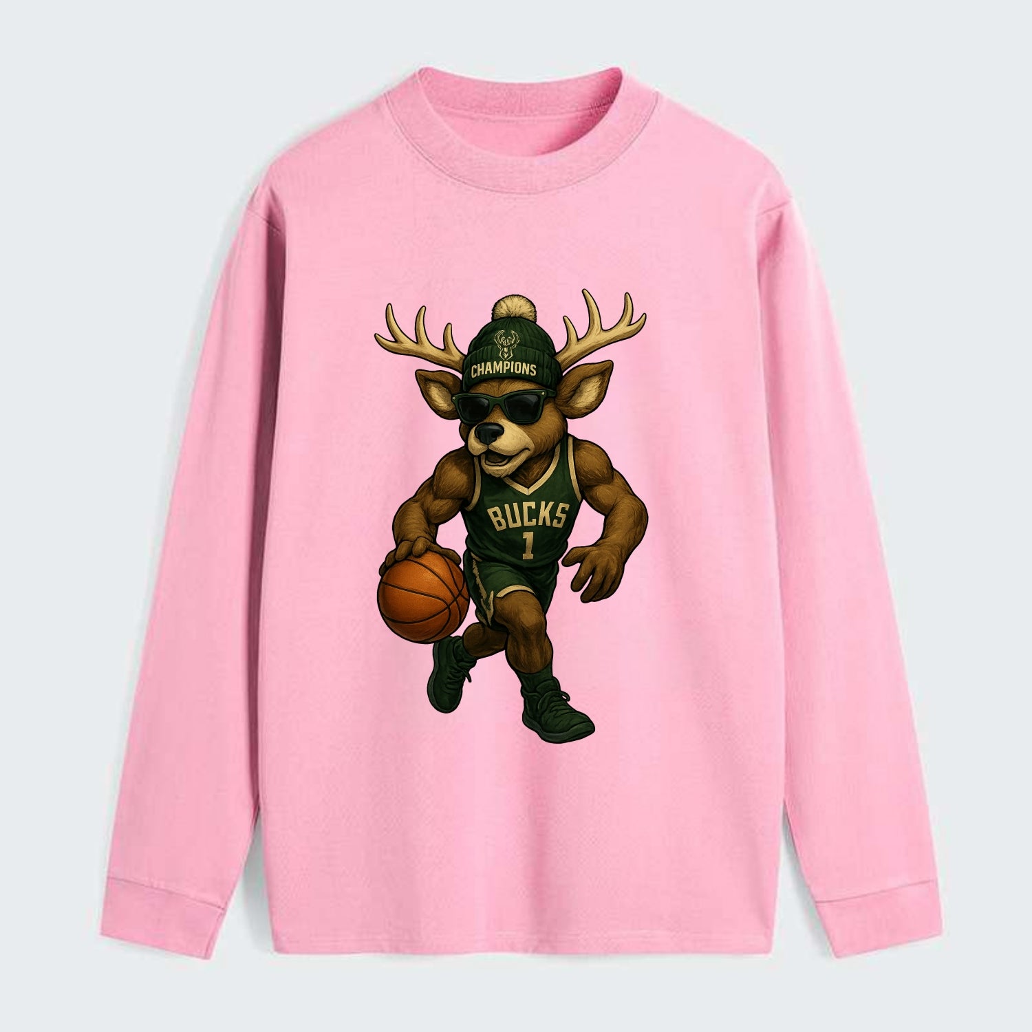 Milwaukee Buck Deer wearing Bucks green and cream beanie with antlers - Classic Long Sleeve Shirt - Pink