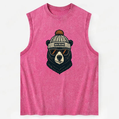 Louisiana Black Bear wearing New Orleans beanie with pom pom and wayfarer - Vintage Washed Tank - Pink