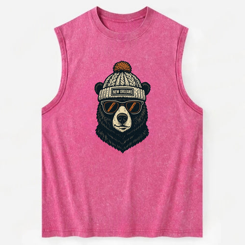 Louisiana Black Bear wearing New Orleans beanie with pom pom and wayfarer - Vintage Washed Tank