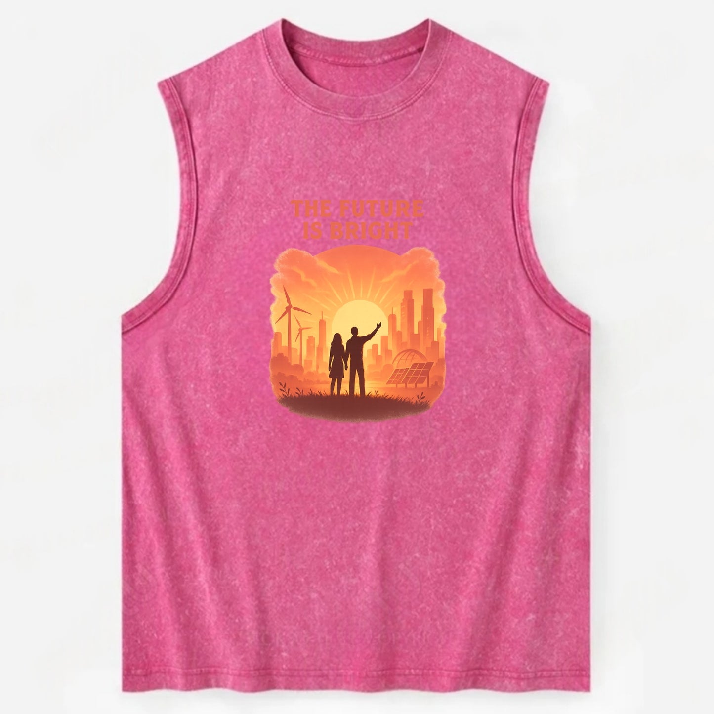 Sunrise over thriving sustainable city - "The Future is Bright" - optimistic - Vintage Washed Tank - Pink