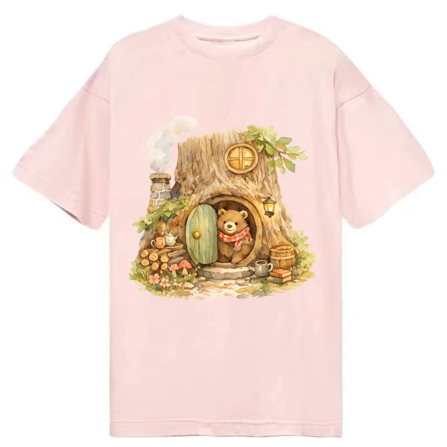 TREE HOME | Bear's home in hollow tree | Round door | Chimney smoke | Woodland - Classic T-shirt - Pink