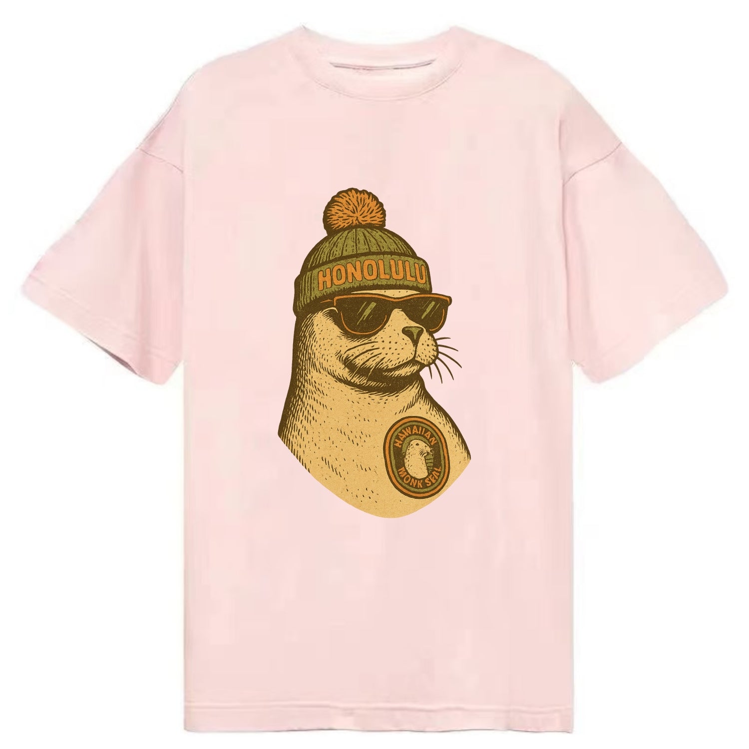 Hawaii Monk Seal wearing Honolulu beanie with pom pom and wayfarer sunglasses - Classic T-shirt - Pink
