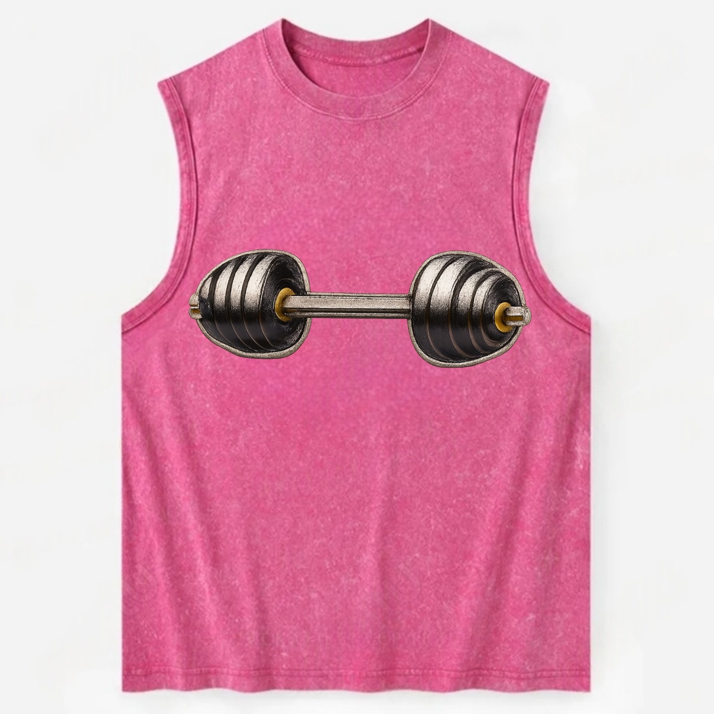 WEIGHTLIFTING BARBELL - heavy barbell with plates in silver and black , iron - Vintage Washed Tank - Pink