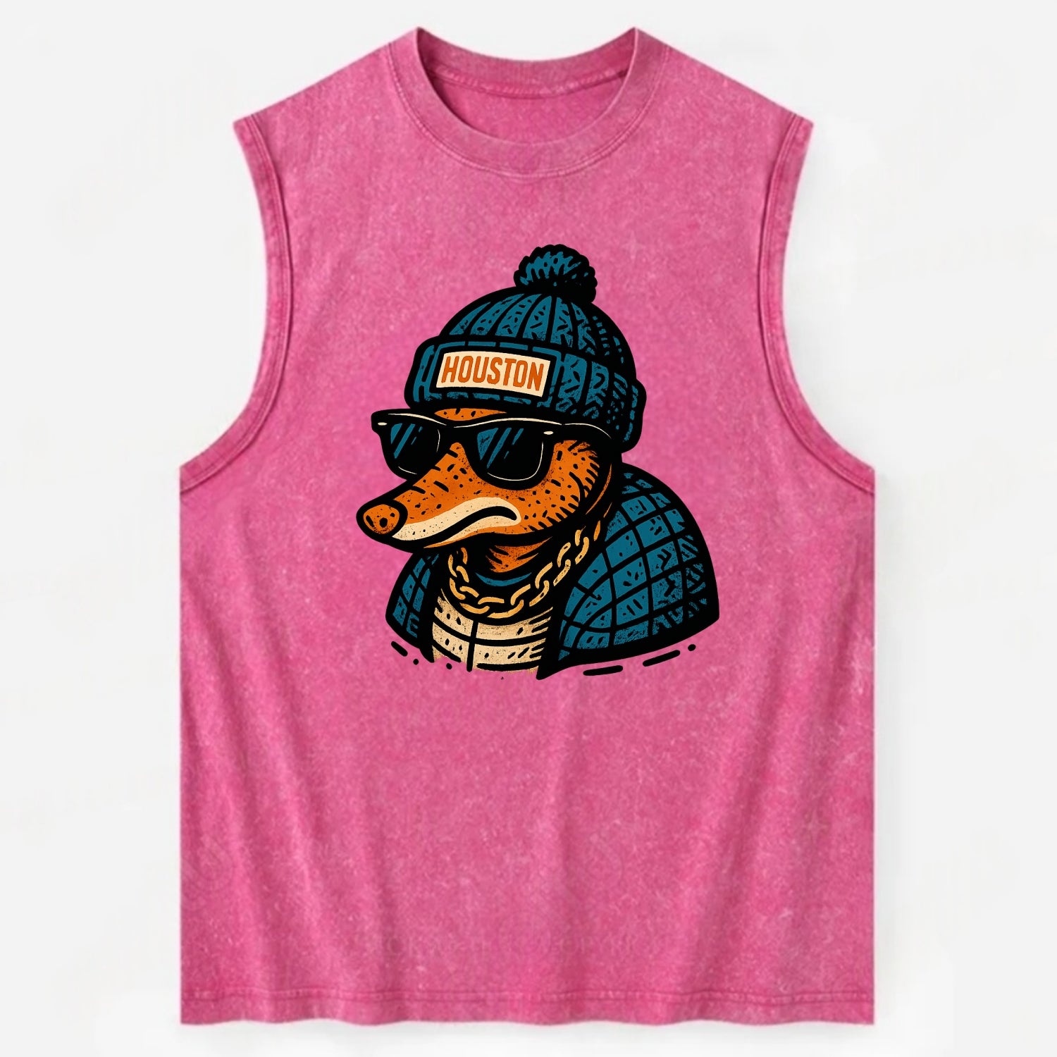 Houston Armadillo wearing Houston beanie with pom pom and wayfarer sunglasses - Vintage Washed Tank - Pink