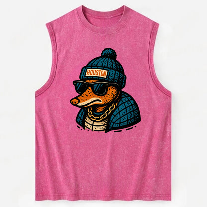 Houston Armadillo wearing Houston beanie with pom pom and wayfarer sunglasses - Vintage Washed Tank - Pink