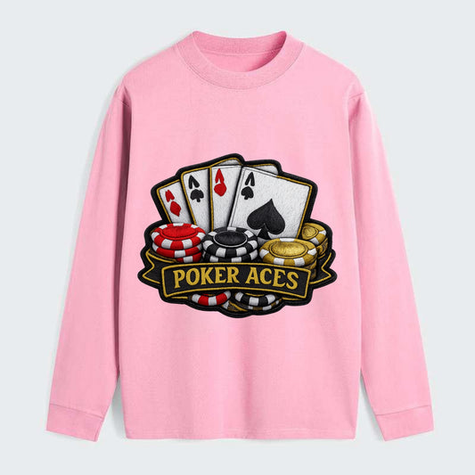 Embroidered patch design - POKER ACES - four aces with chips in red, - Classic Long Sleeve Shirt - Pink
