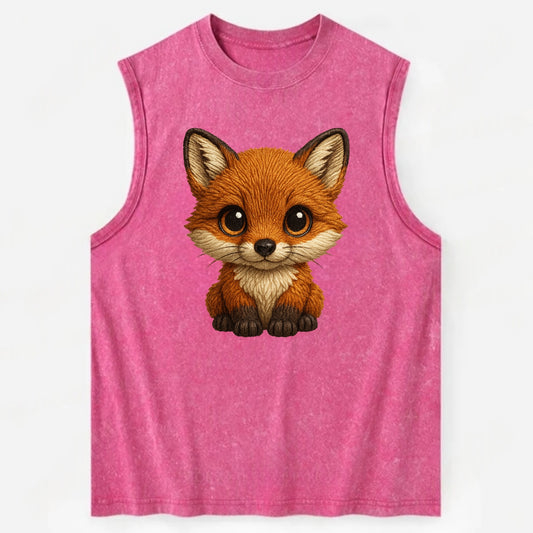 Baby Red Fox - russet fur, white chest, big amber eyes, perky ears, - Vintage Washed Tank - Pink