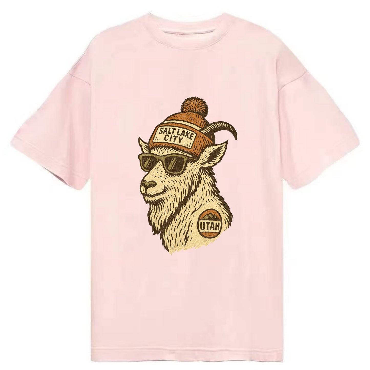Utah Mountain Goat wearing Salt Lake City beanie with pom pom and wayfarer - Classic T-shirt - Pink