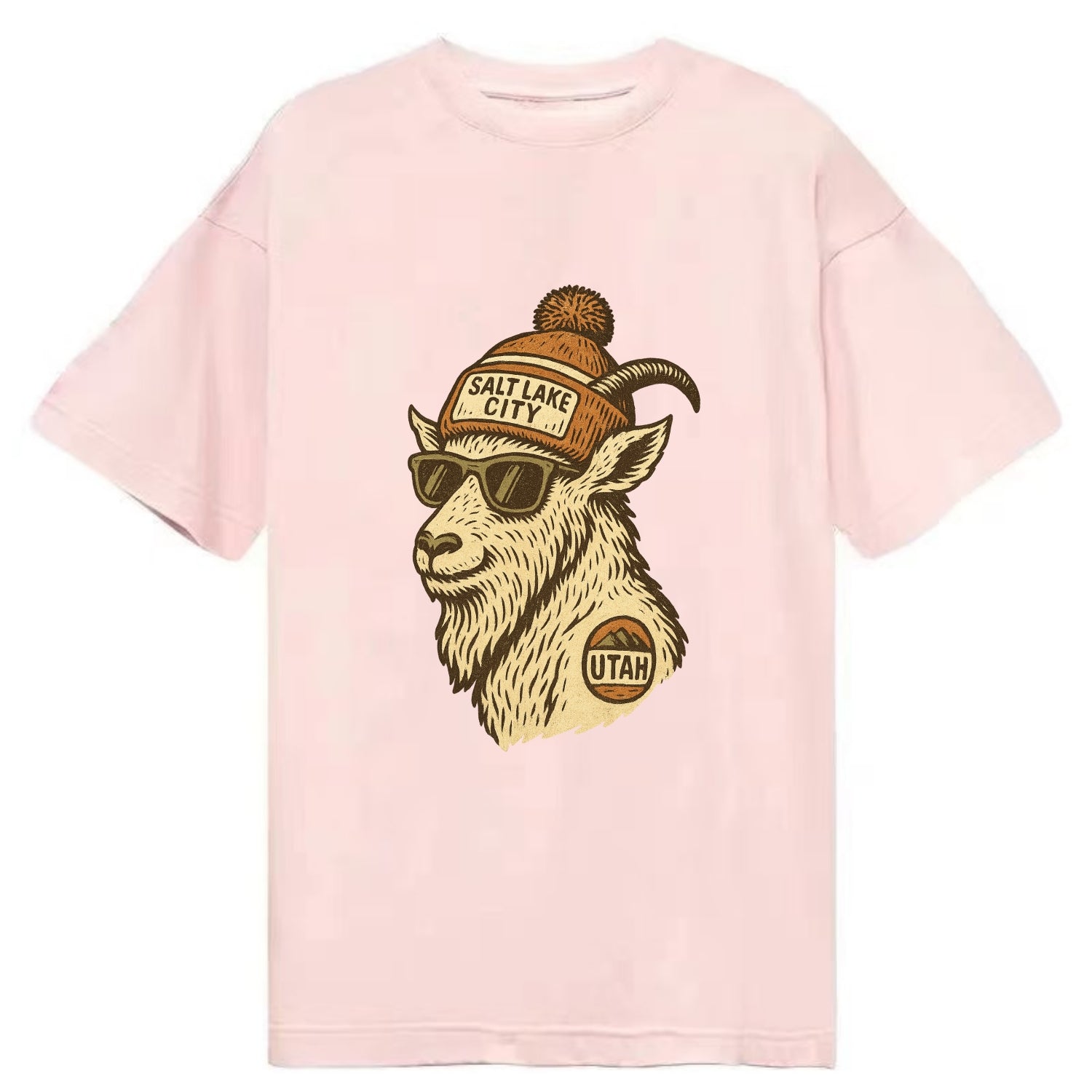 Utah Mountain Goat wearing Salt Lake City beanie with pom pom and wayfarer - Classic T-shirt - Pink