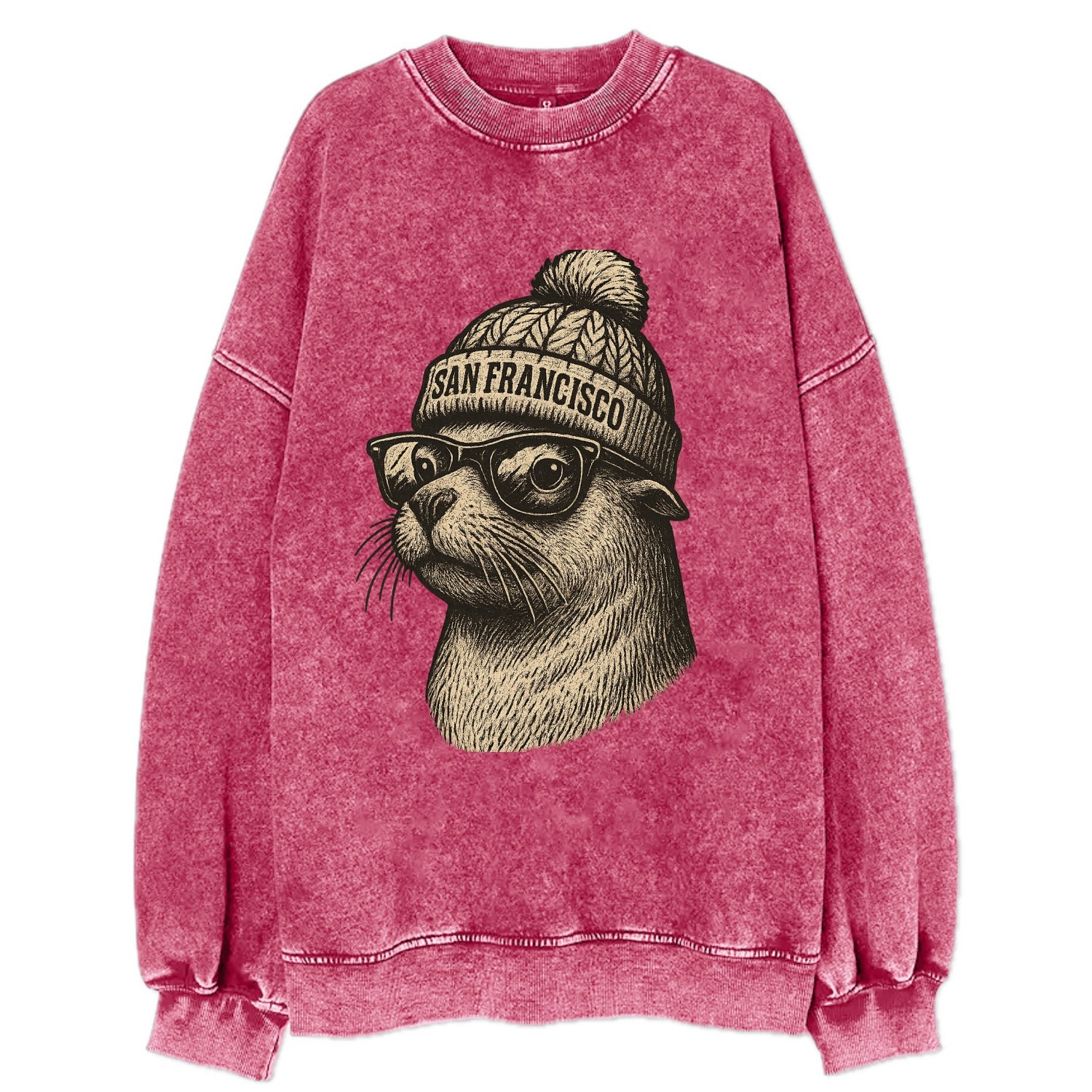 San Francisco Sea Lion wearing San Francisco beanie with pom pom and wayfarer - Vintage Sweatshirt - Pink