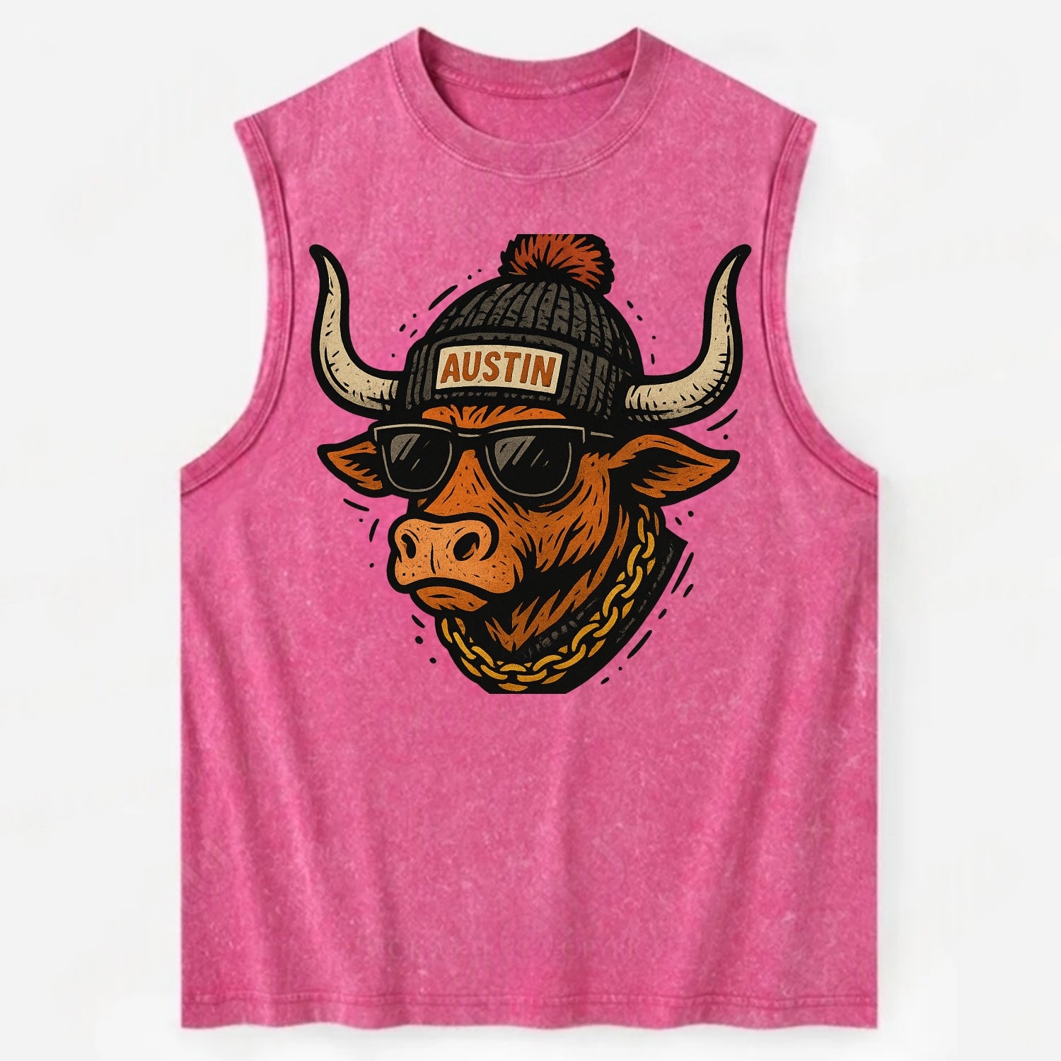 Texas Longhorn wearing Austin beanie with pom pom and wayfarer sunglasses - Vintage Washed Tank - Pink