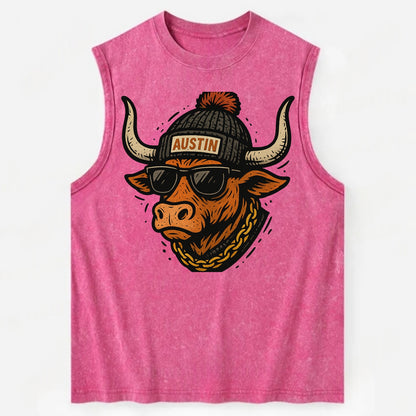 Texas Longhorn wearing Austin beanie with pom pom and wayfarer sunglasses - Vintage Washed Tank - Pink