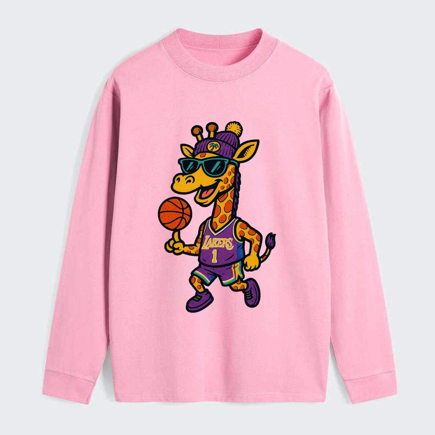 California Giraffe wearing Lakers beanie with palm tree patch and - Classic Long Sleeve Shirt - Pink