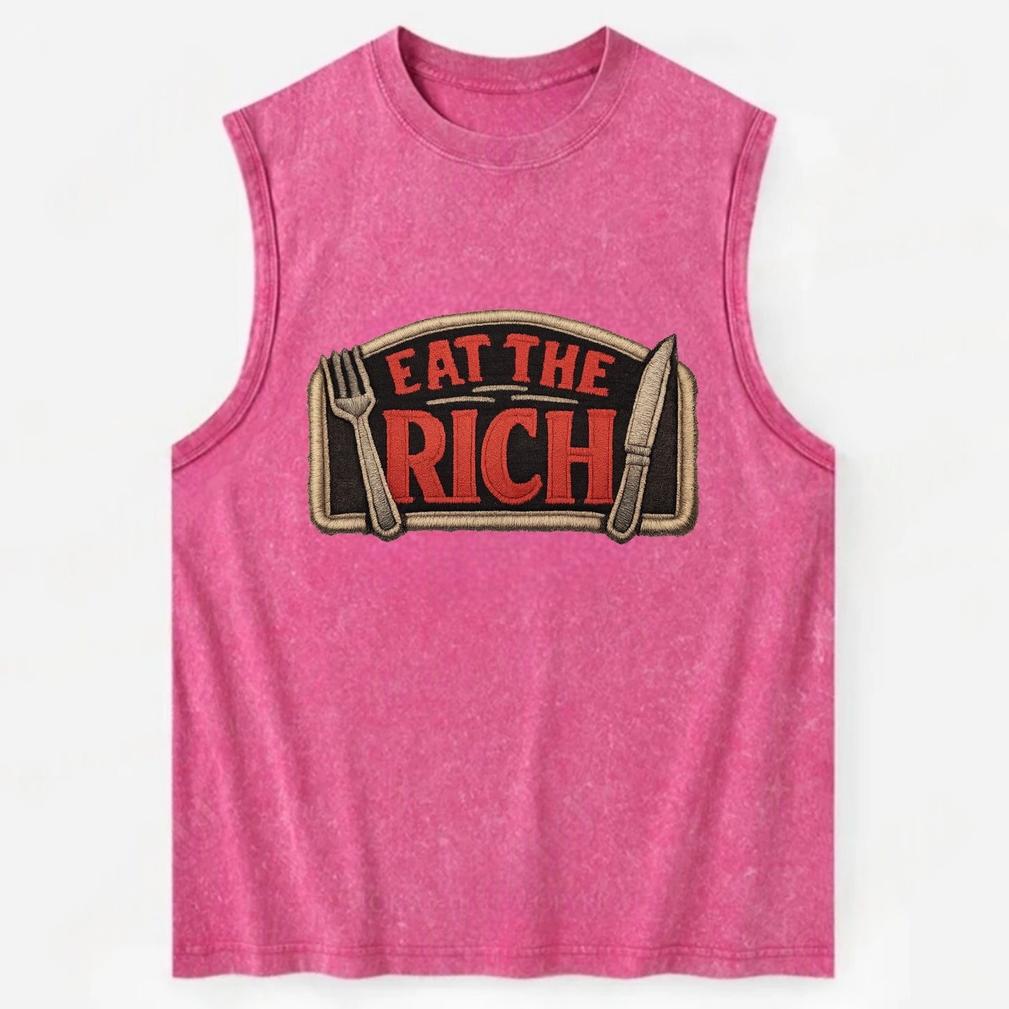 EAT THE RICH - fork and knife with text in red and silver , class war - Vintage Washed Tank - Pink